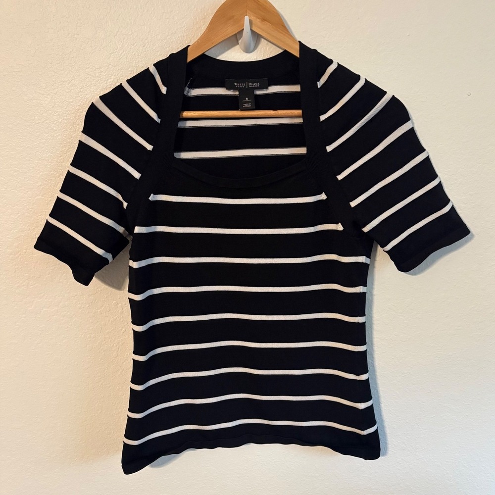 White House Black Market‎ Striped Square Neck Knit Top Black White Small